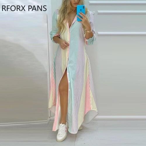 Women Colorful Stripe Print Button Front High Slit Long Shirt Dress for Women Dress 2021