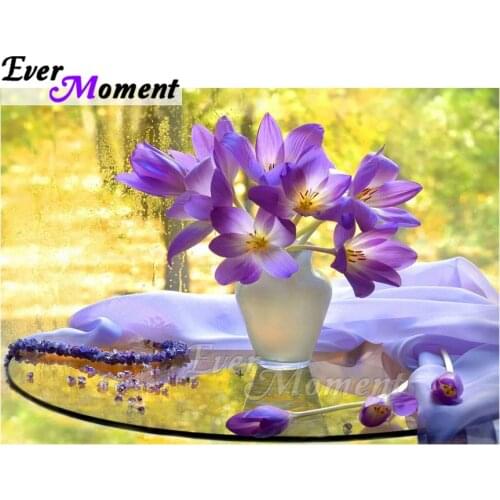 Ever Moment Diamond Painting 5D DIY Handmade Purple Flower on Table Cross Stitch Home Diamond Embroidery Mosaic Full ASF1089