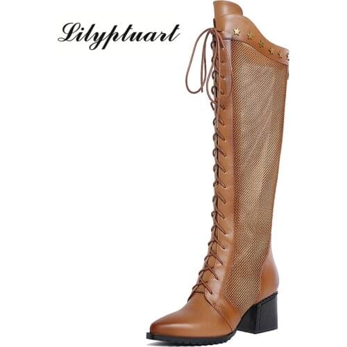 British style leather and mesh material summer thick high-heeled boots pointed metal decorative lace fashion boots women