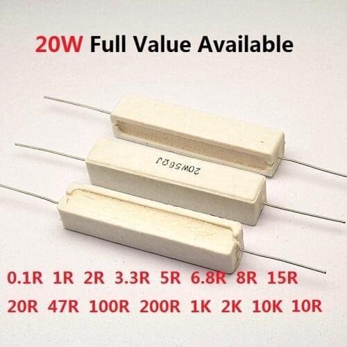 10PCS 20W 0.1R 1R 2R 3.3R 5R 6.8R 8R 10R 15R 20R 47R 100R 200R 1K 2K 10K Ohm/Kohm cement resistor cement resistors resistance