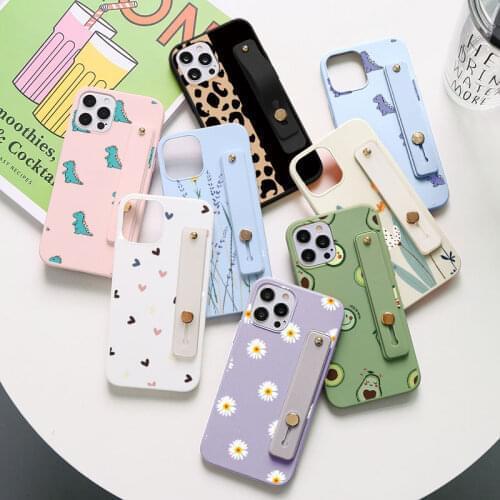 Flower Wrist Strap Holder Phone Case For iPhone 11 12 Pro Max Mini X XR XS Max SE 2020 5 6 s 6S 8 7 Plus Cute Dinosaur TPU Cover