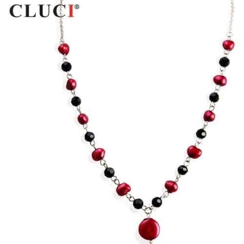CLUCI Silver plated Necklace with Red Freshwater Pearls , Black round Crytal ,Coin Pearls For Girls Party Jewelry FN1008SB