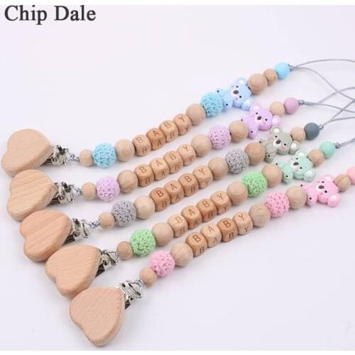 Chip Dale Personalized Name Handmade Beech Wooden Pacifier Chain Clip Holder for Infant Baby Shower Gift