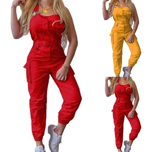 Cargo Jumpsuit Ankle Tied Shoulder Strap Women Sleeveless High Waist Pockets Romper for Working