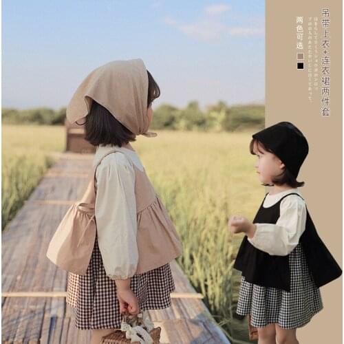 Toddler Girls Boutique Outfit Ins Korean Fashion Plaid Dress and Vest 2pcs Clothing Set Fresh Clothing
