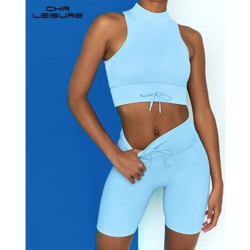 CHRLEISURE Woman Clothes Outfits Solid Color Fitness Turtleneck Vest Teo Piece Set Women Candy Color with Shorts for Women