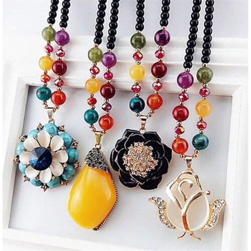 Korean new style Ethnic Geometric Opal bodhi Pendant Necklaces for Women Female Vintage Colorful Prayer Beads Long Sweater Chain