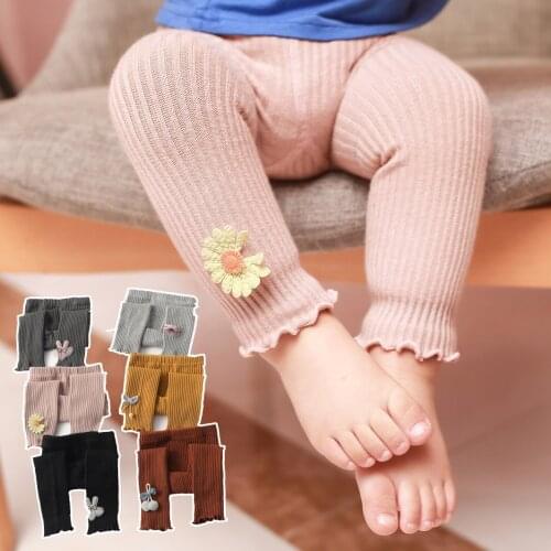 Spring Autumn Warm Candy Colors Cute Floret Colorful Skinny Trouser Baby Girls Comfortable Knitting Leggings Pants for Kids