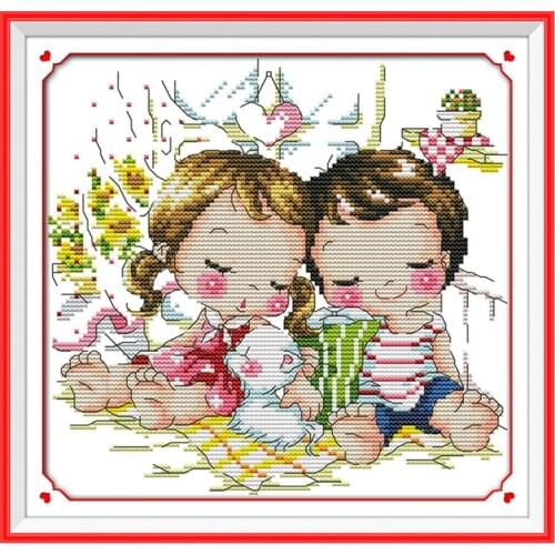 Cartoon lovers (1) cross stitch kit 14ct 11ct count print canvas stitches embroidery DIY handmade needlework plus