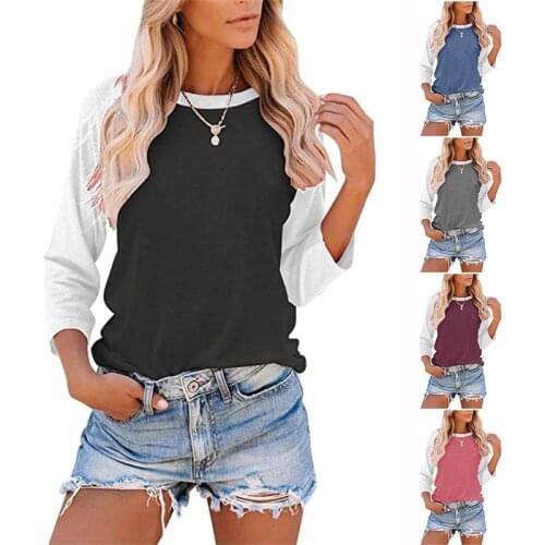 Autumn and Winter New Solid Round Neck Tops Casual Loose Pullover Shirt Patchwork Long Sleeve Plus Size Tshirt Women Clothing