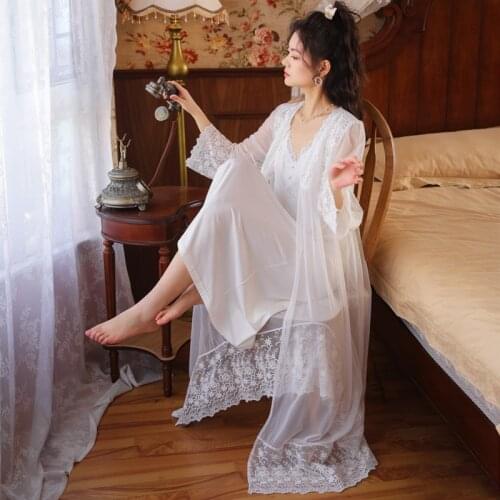 White Women Lace Sleepwear Sexy Girl Thin Robe Set Vintage Mesh Nightwear Sweet Princess Lolita Lounge Suit 2PCS Cute Homewear
