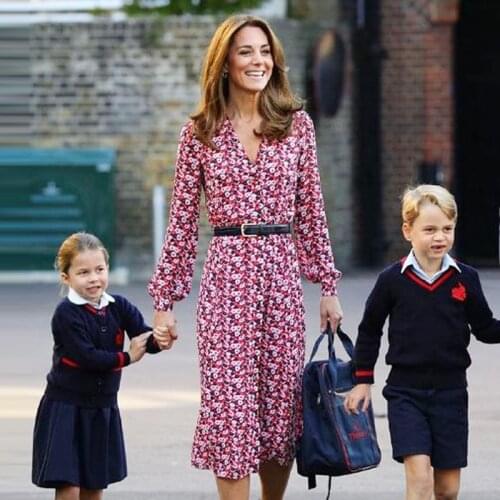 Kate Middleton Plus Size High Quality New Fashion Elegant Office Lady Workplace Long Sleeve Red Printing Dress