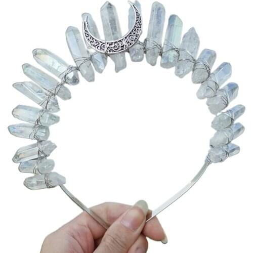 Romantic Colorful Jewelry Tiara Crown Rainbow Raw Quartz Crystal Headband Ethnic Antique Crescent Moon Metal Hair Hoop C1FE