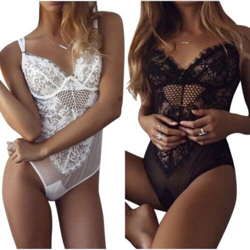 Sexy Lace Floral Lingerie Erotic Bodysuit One-piece Underwear Suit Women Pajamas Halter Temptation Perspective Black White 2019