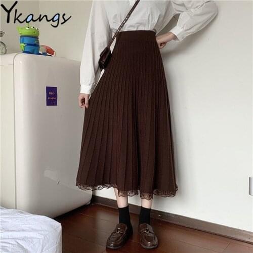 Women Winter A-Line Sweater Thick Long Skirt Female Autumn 2020 Black Pleated Skirt Koreany High Waist Elegant Lace Stitching