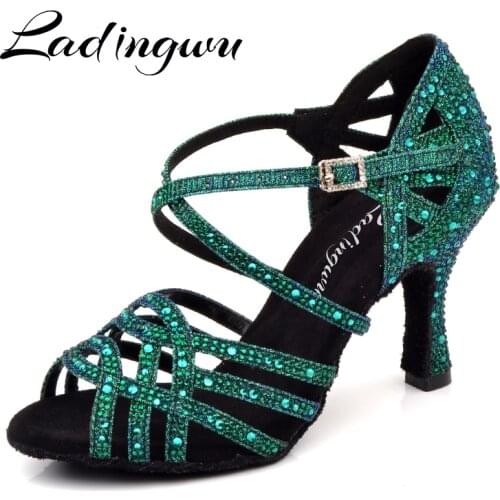 Turquoise Rhinestones Latin Dance Shoes Indoor Sports Dance Shoes Comfortable Soft Bottom Salsa Professional Performance Dance