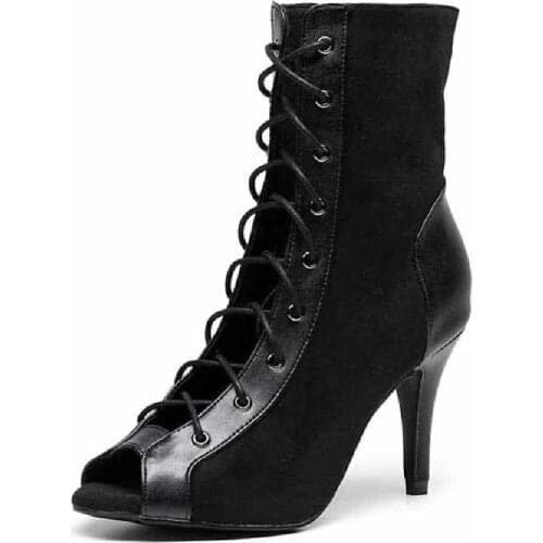 Practice Woman High Top 8.5cm Latin Dance Shoes Black Red Soft Ballroom Salsa Party Dancing Shoes for Girls Elastic Dance Boots