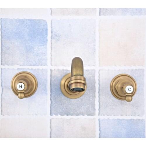 Vintage Antique Brass Double Handle Wall Mount 3 Hole Widespread Bathroom Lavatory Vessel Basin Faucet Sink Mixer Tap dsf528