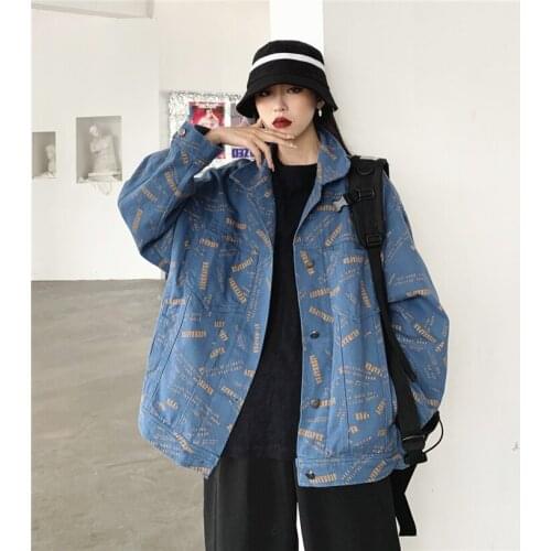 Womens Spring Autumn Plus size Denim Jacket Female 2021 New Letter pattern Zipper Loose casual Jeans Jacket Ropa Mujer