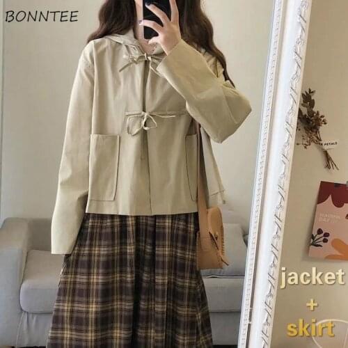 Sets Women Outfits Korean Style Khaki Mujer Outerwear Zip-up Hooded Casual Pockets Ladies Clothes Mid-Calf Plaid Skirt Two-piece