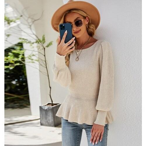 Women Solid Color Lantern Sleeve Jumper Sweater Ladies 2021 Fall Winter Warm Stretch Ruffles Knitted Tops For Women Casual