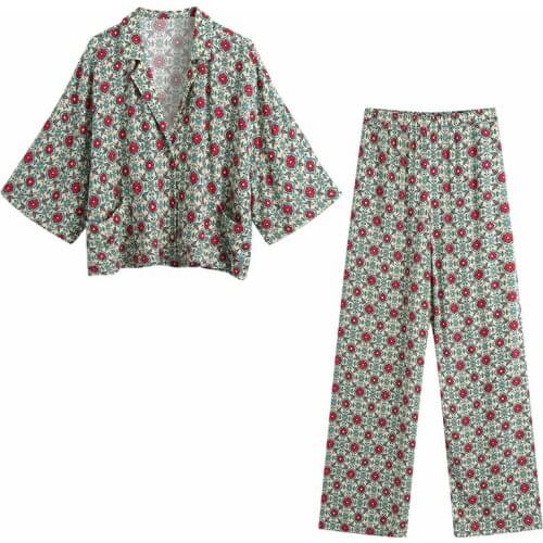 Summer Womens Casual Printed Lapel Short Sleeve Pocket Decorative Shirt + High Waist Wide Leg Pants Set