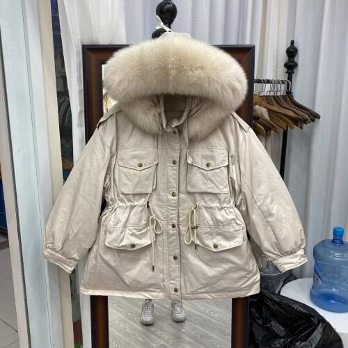 Large Natural Raccoon Fur Women Down Coat Winter Thick 90% White Duck Down Parka Female Hooded Short Jacket Loose Down Outerwear