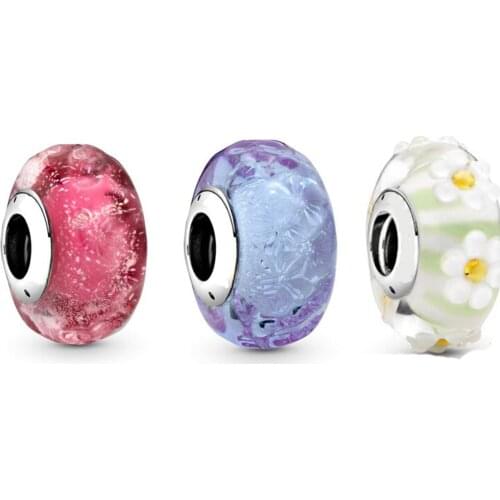 NEW 2020 100% 925 Sterling Silver Spring Wavy Lavender Fancy Pink Murano Glass Charm Fit DIY Original Bracelet Jewelry Gift