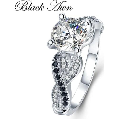 [SODROV] 3.6g 100% 925 Sterling Silver Jewelry Neo-Gothic Row Black Zircon Engagement Rings for Women Wedding Ring C402