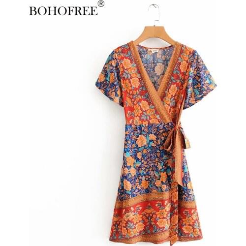 Summer 2020 Women Casual Dress Lady Bohemian Style Vintage Floral printed Short Flare Sleeves V-neck Slim Midi Dress Vestido