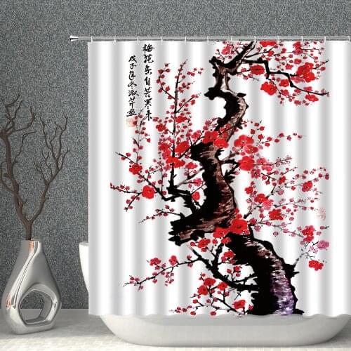 Ink Painting Plum Blossom Shower Curtain Black And White Set Waterproof Polyester Fabric Bath Curtains Bathtub Decor With Hooks