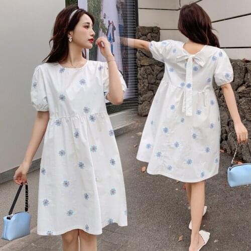 1019# Maternity Dress Summer Cotton Linen Floral Nursing Short Sleeve Loose Stylish Dress for Pregnant Women Mom Dress