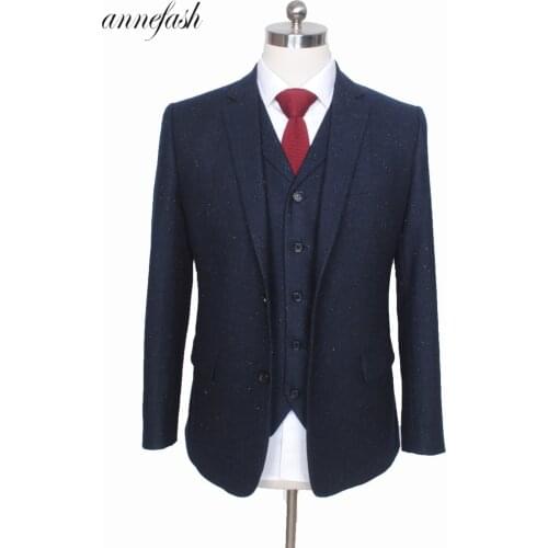 Custom Made Retro melange color spot copper navy woolen tweed suit British style Mens suit slim fit Blazer wedding suit 3pcs