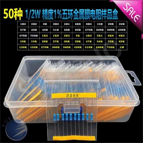 50values 1/2W 1%(1.2r-1m) Metal Film resistor kit box 1.2/2.2/3.3/5.1/6.8/8.2/12/20/22/27/33/43/51/68/82/270/330/390/430/ohm/R/K