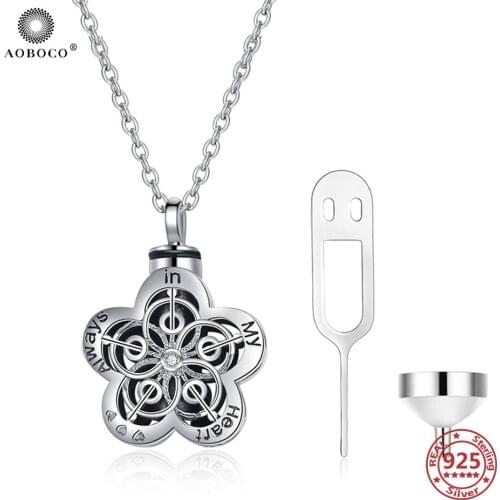 AOBOCO Vintage Flower Urn Necklace 925 Sterling Silver Urn Necklace for Ashes Memorial Pet Ash Casket Cremation Pendant Necklace