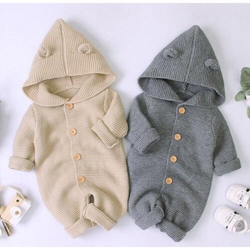 Children Baby Boy Girl Kids Knitting Long Sleeve Rompers Autumn Winter Baby Boys Girls Pure Color Hooded Rompers Clothes