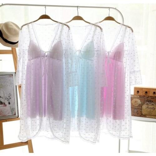 Two 2 Pieces Sleepwear Women Lace Robe Gown Set Summer Silk Robe Female Sexy Silk Nighties Loose Bathrobe Lace Gown