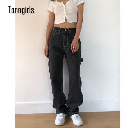 Tonngirls Korean Baggy Jeans For Women Loose High Waist Boyfriend Mom Jeans Big Pockets Black Straight Denim Pants Fashion 2021