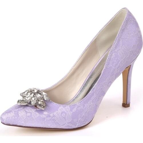 Elegant lace bridal heels pointed toe lady pumps with big stone crystal wedding shoes stiletto lavender ivory white slip on