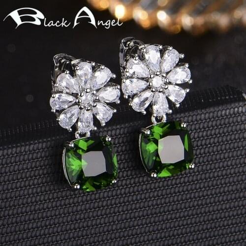 BLACK ANGEL 2020 New Elegant Created Luxury Emerald Green Tourmaline Clip Earrings For Women 925 Silver Jewelry Wedding Gift