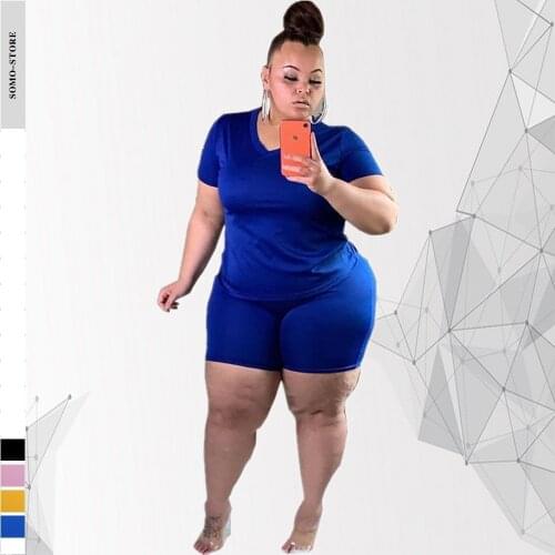 4xl 5xl Plus Size Womens Clothing Summer Round Collar Solid Color Casual Family Two Piece Sports Suit Wholesale Dropshipping