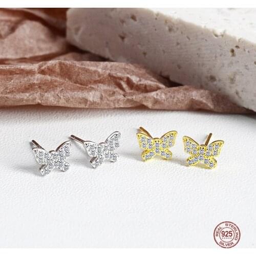 LKO 925 Sterling Silver Simplicity Zircon Butterfly Stud Earrings For Women Fashion Girly Style Student Jewelry Accessories