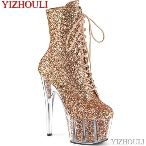 Model stage with pole dancing shoes, sequins 17 cm high heel ankle boots, 7 "sexy model thick waterproof platform, dancing shoes