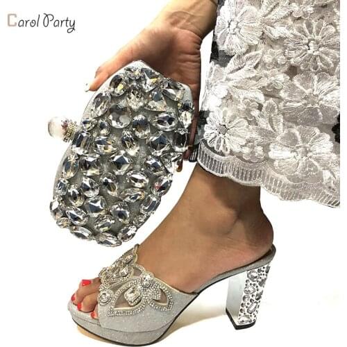 Fashion Women Shoes and Bag Set Italian Design Shoes with Matching Bags Set Silver Shiny faux rhinestones decorate shoes and Bag