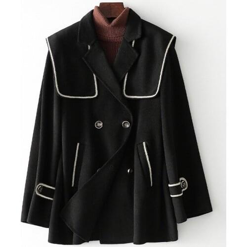 Spring New Solid Double Faced Tweed Wool Coat For Women Medium Length Black Loose Double-Breasted Jacket Epaulet Outerwear
