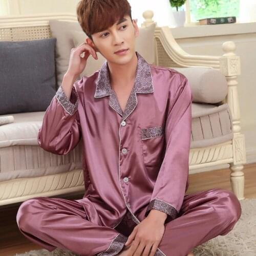 Spring autumn male sleepwear men silk pajama sets long-sleeve pajamas thin lounge nightgown brand fashion casual