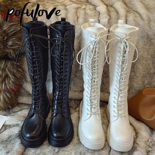 Pofulove Thigh High Boots Flat Shoes Boots Women Gothic Black White Leather Boots Winter Shoes Sexy Lady Botas Lace Up Zapatos