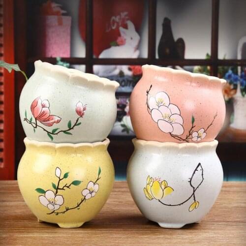 Handmade Painted Flower Pattern Ceramic Crafts Flowerpot Succulent Plant Pot Creative Planter Vase Desktop Ornaments Decoration