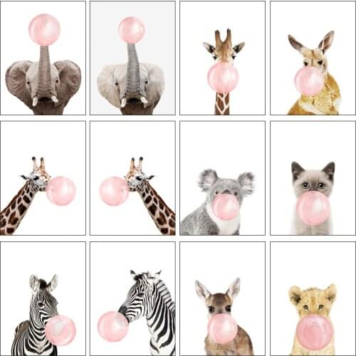 Self-adhesive Wall Sticker Nordic Minimalist Animal Pink Bubble Lion Tiger and Giraffe Art Posters for Home Baby Room Decoration