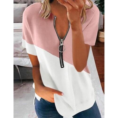 Print Tops Summer New Elegant Fashion V-Neck Zip Blouse Shirts Women Casual Short Sleeve Pullover Streetwear 2021